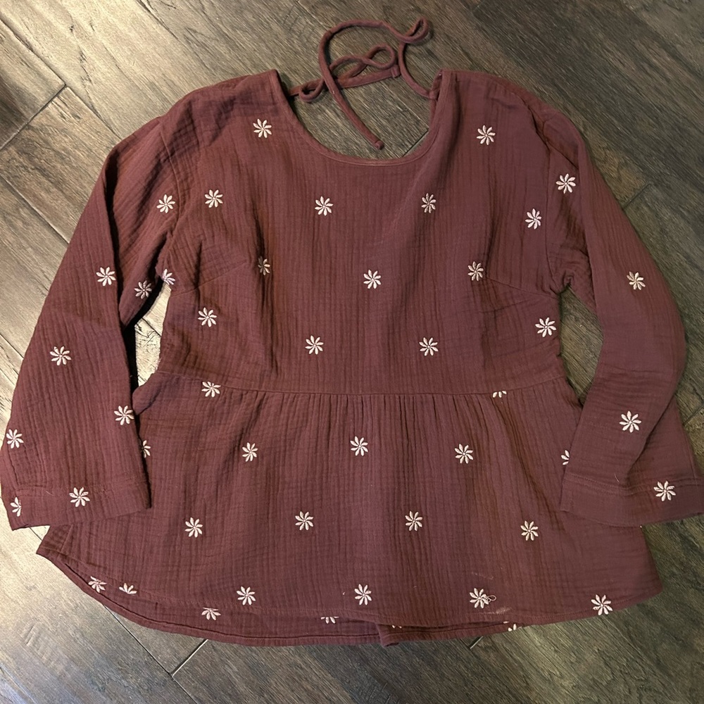 Madewell Burgundy Blouse with White Floral Embroidery